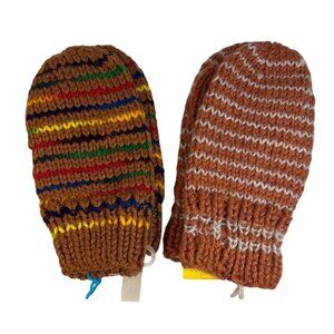 Hand Knitted Mittens Kids Striped & Multicolor Brown 7.5" Long 2 Pairs Winter